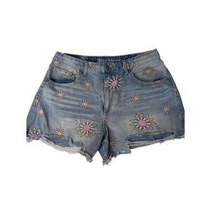 No Boundaries Boho Chic Sunflower Denim Shorts With Playful Frayed Edges size 13